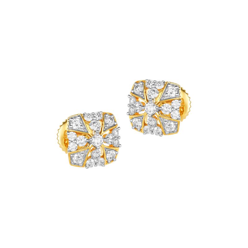 18K Two tone Gold Diamond Square Cluster Stud Earrings