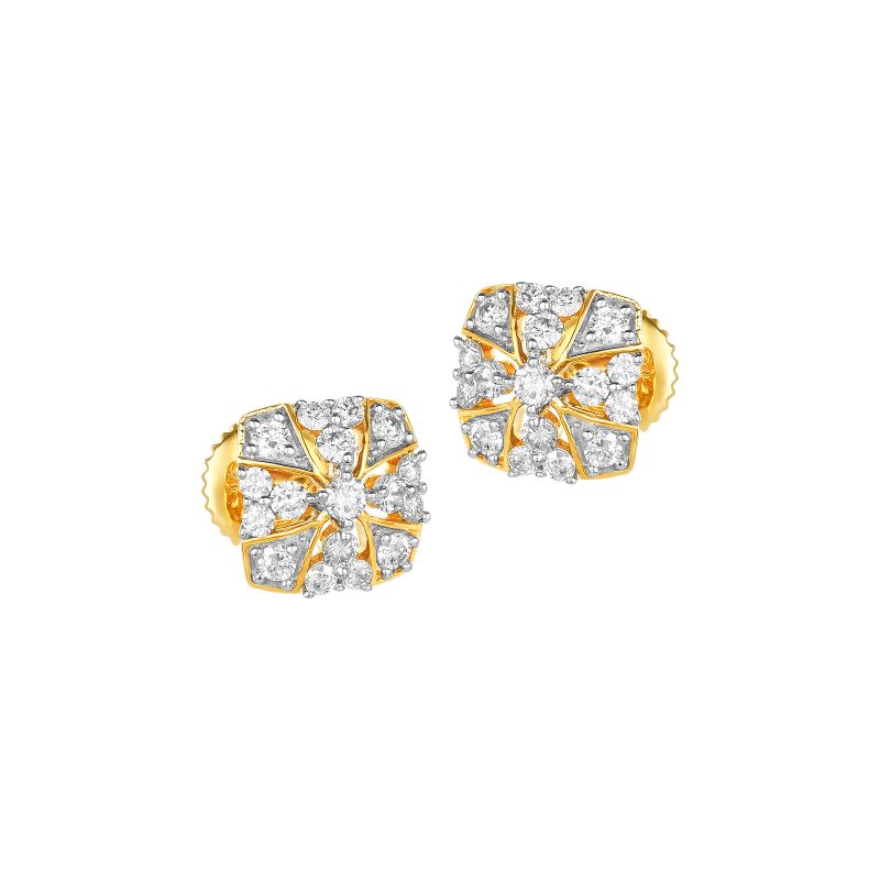 18K Two tone Gold Diamond Square Cluster Stud Earrings