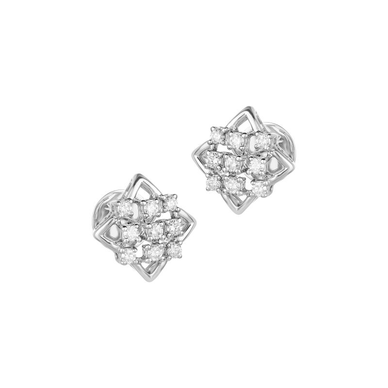 18K White Gold Diamond Square and Pave Stud Earrings