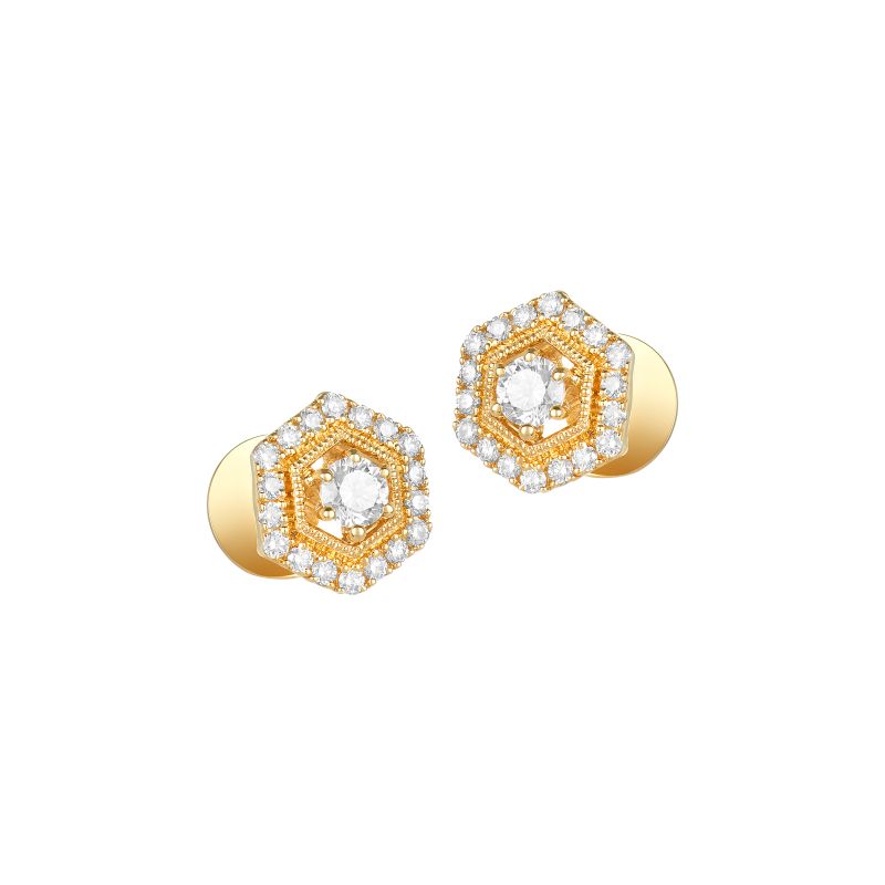 18K Yellow Gold Diamond Hexagon Stud Earrings