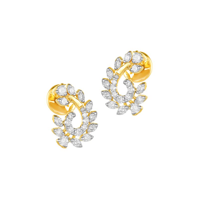 18K Yellow Gold Diamond Floral Curved Stud Earrings