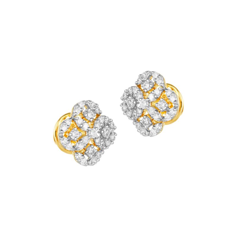 18K Two tone Gold Diamond Clover Stud Earrings