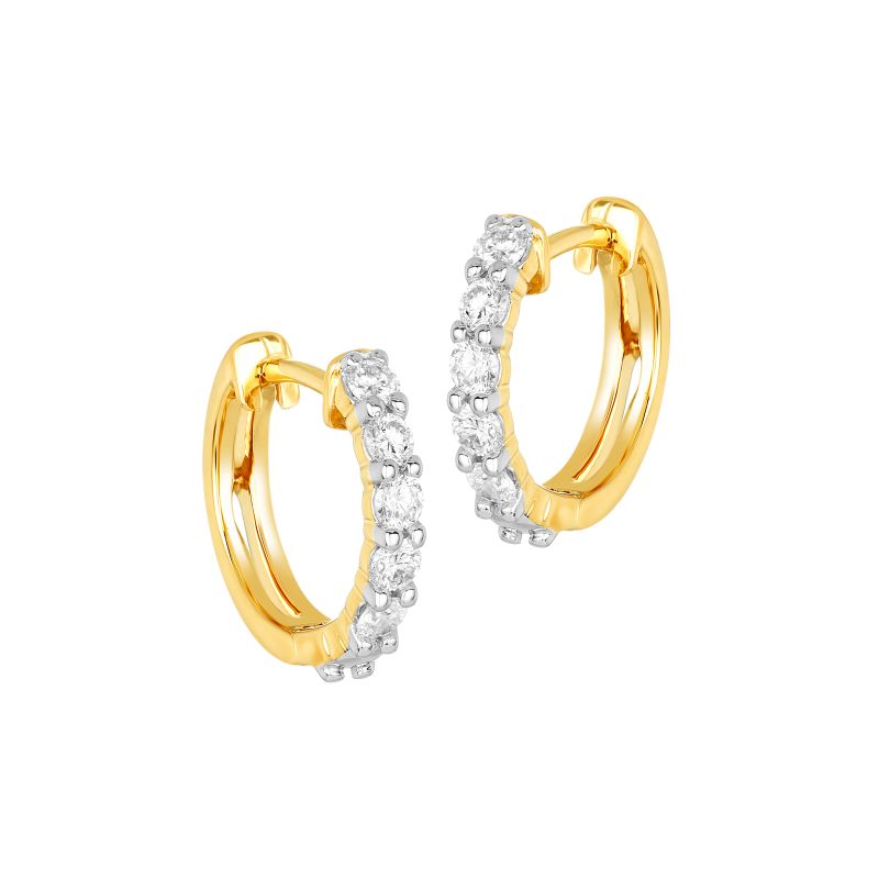 18K Yellow Gold Diamond Prong set Pave Huggie Hoop Earrings