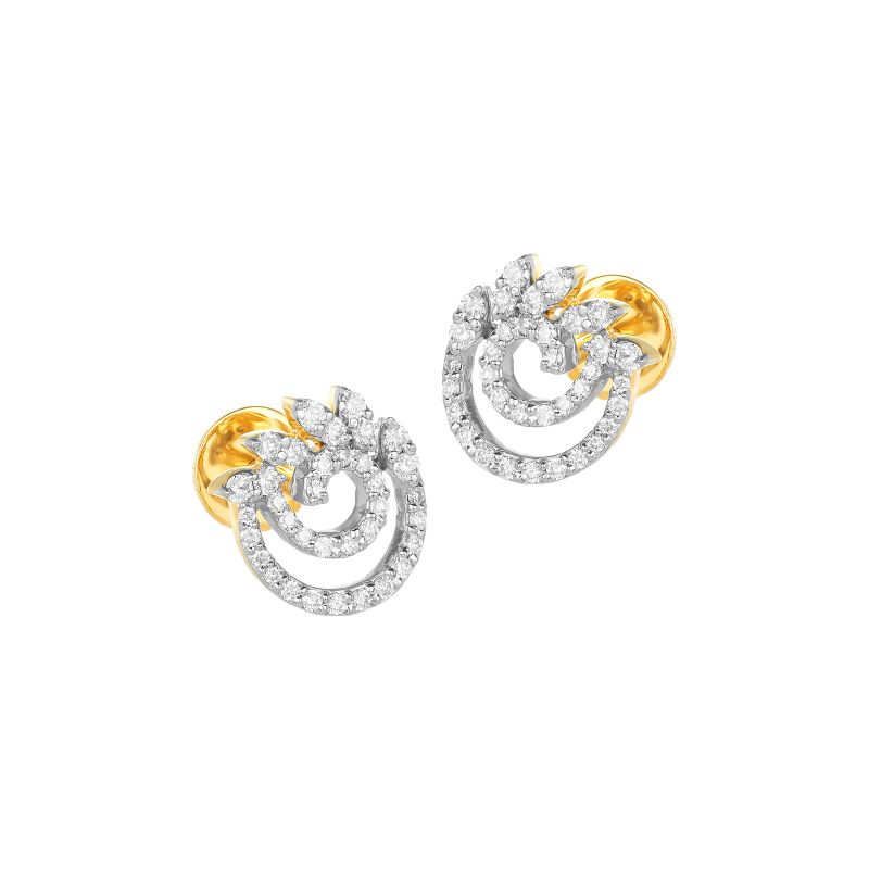 18K Two tone Gold Diamond Floral Spiral Stud Earrings