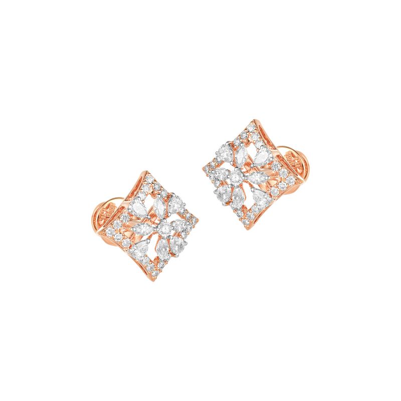 18K Rose Gold Diamond Rhombus Floral Earrings
