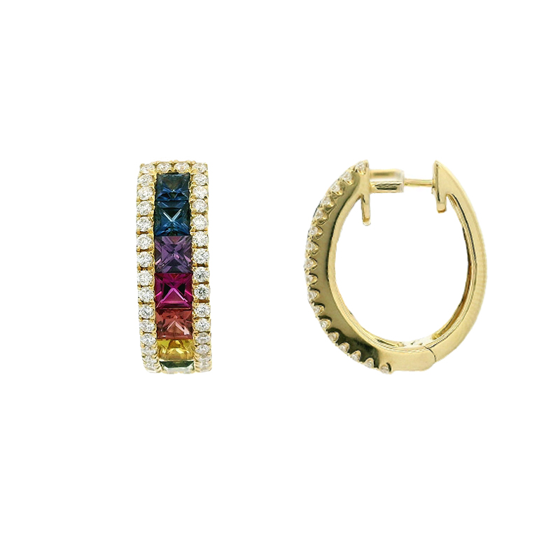 18K Gold Diamond and Gemstone Hoop Earrings