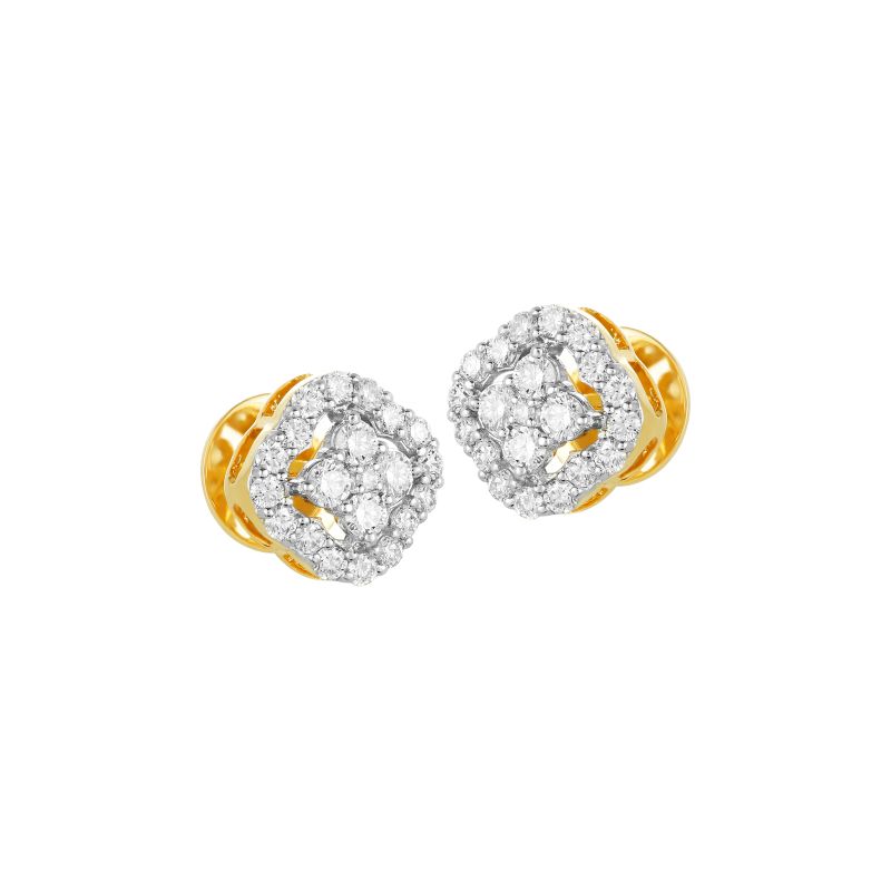 18K Two tone Gold Diamond Cushion shaped Stud Earrings