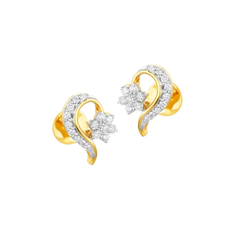 18K Two tone Gold Diamond Floral Curved Stud Earrings