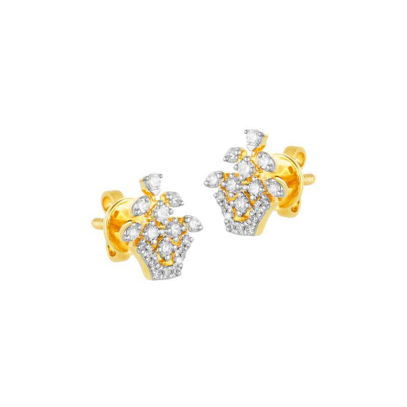 18K Two tone Gold Diamond Flower Pot Stud Earrings