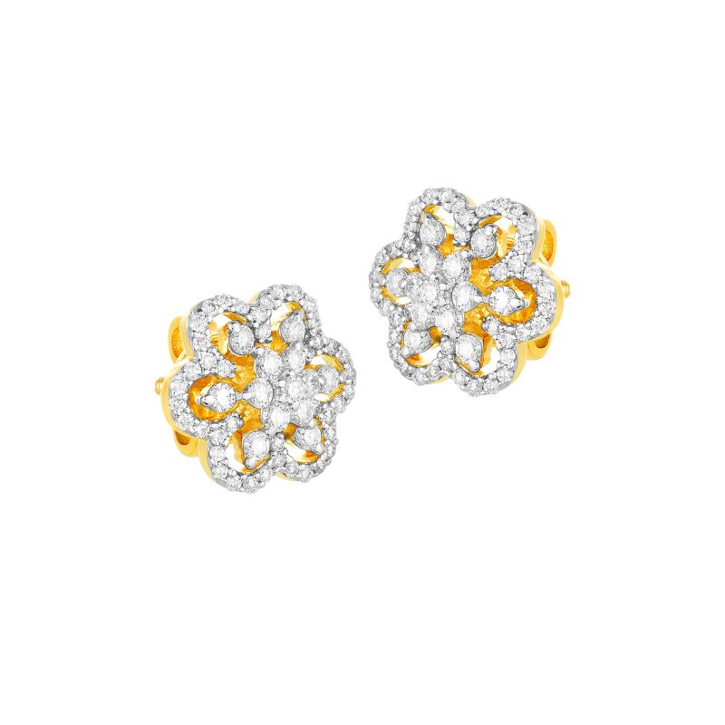 18K Two tone Diamond Pinwheel Floral Stud Earrings