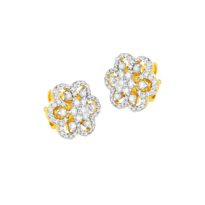 18K Two tone Diamond Pinwheel Floral Stud Earrings
