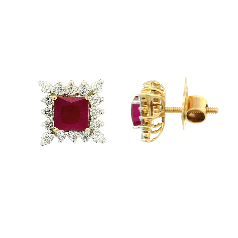 18K Gold Diamond and Ruby Stud Earrings