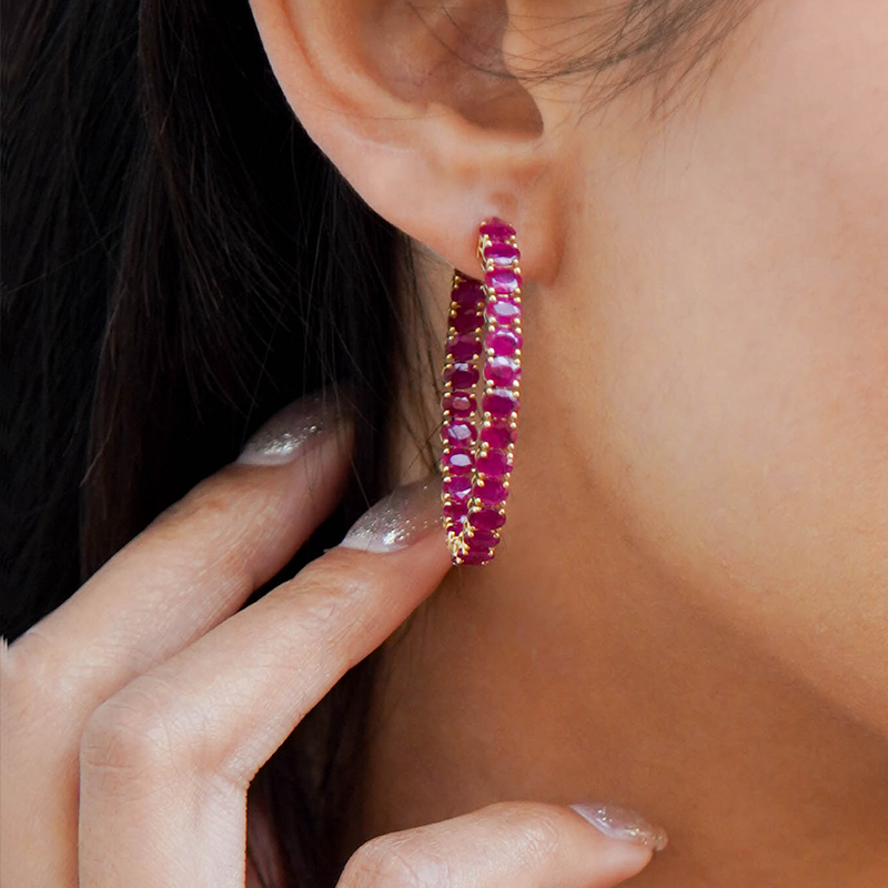 Glamorous Gold-Tone Hoop Earrings with Rubies