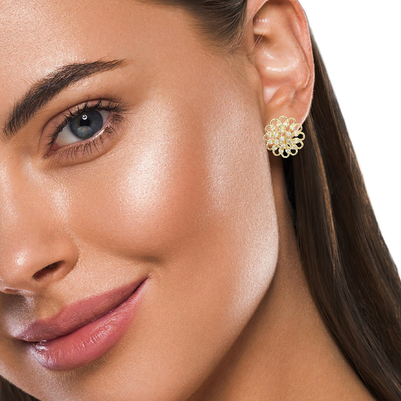 Elegant Floral Gold Diamond Stud Earrings