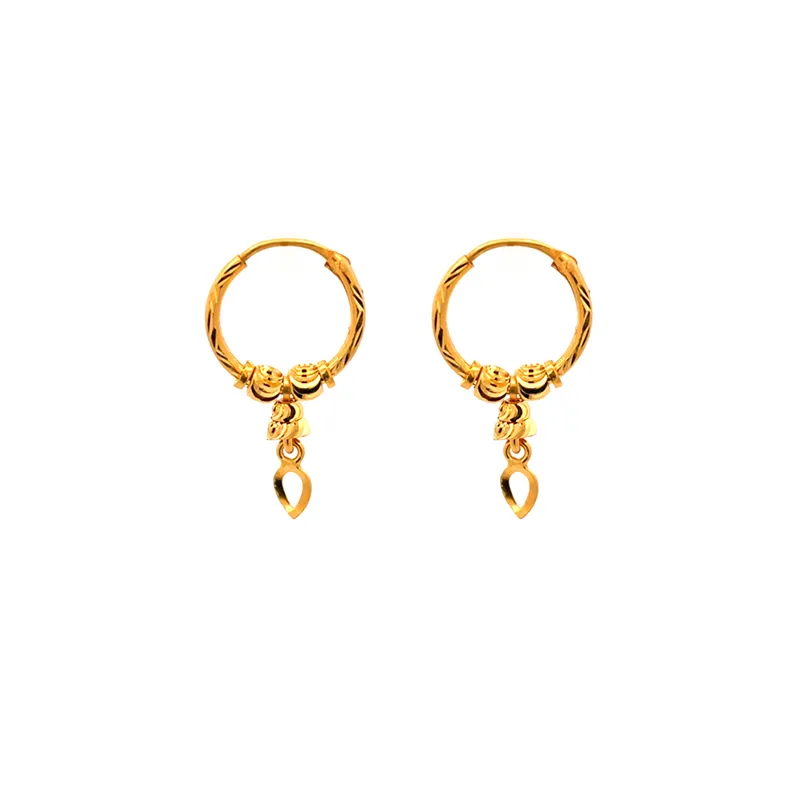 22K Gold hoop Earrings with dangling heart charm