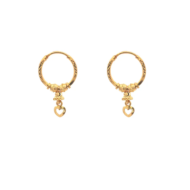 22K Gold hoop Earrings with dangling heart charm