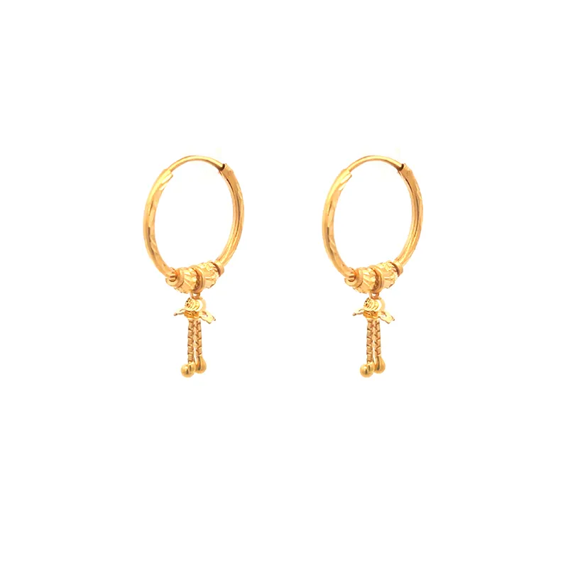 22K Gold hoop Earrings with two dangling tassles