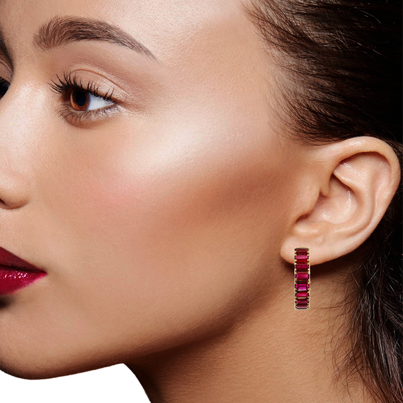 Glamorous Gold-Tone Hoop Earrings with Rubies