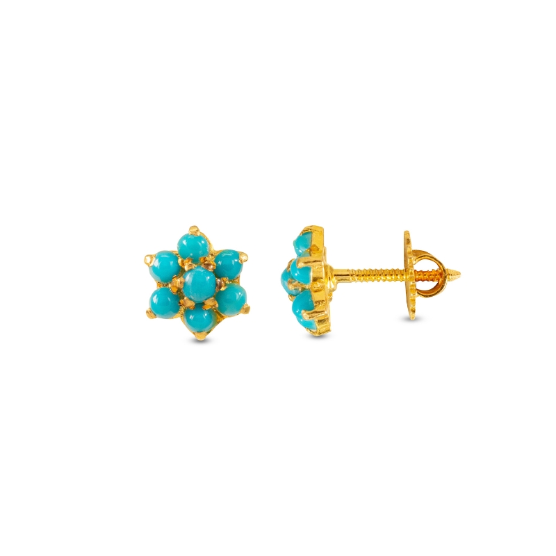 Bright Blue Gold Ear Studs in 22K Gold