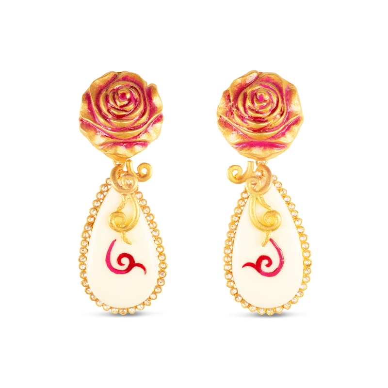 Ethnic Rose Necklace Earrings Set in 22K Gold