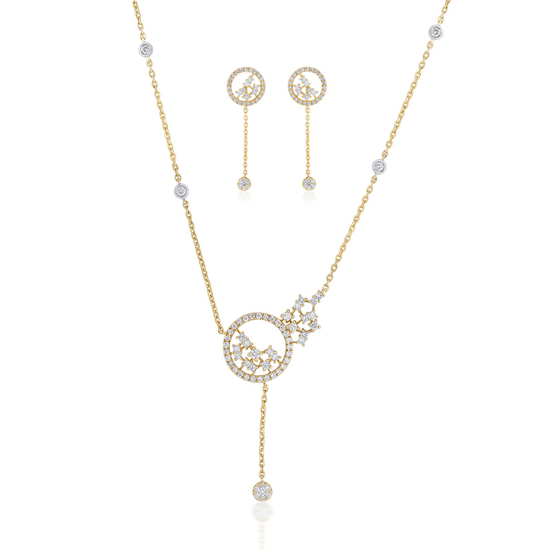 18K Gold Diamond Pendant Set, round with lariet