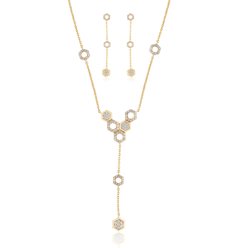 18K Gold Diamond Pendant Set, hexagon