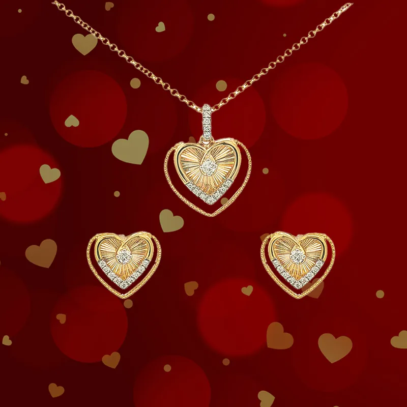 Elegant 18K Yellow Gold Heart Pendant and Earrings Set with Diamonds