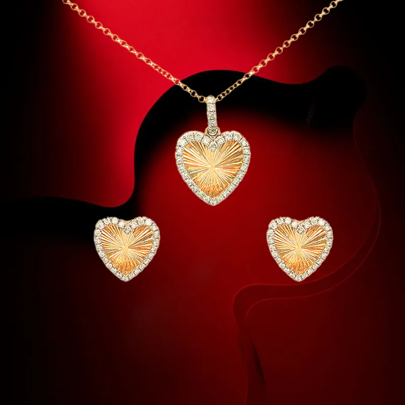 Exquisite 18K Yellow Gold Heart Pendant and Earrings Set with Sparkling Diamonds