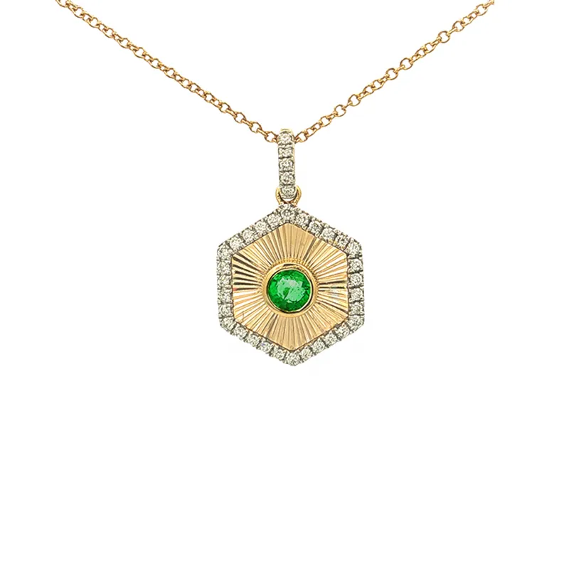 Elegant 18K Yellow Gold Hexagonal Pendant and Earrings with Emerald and Diamonds