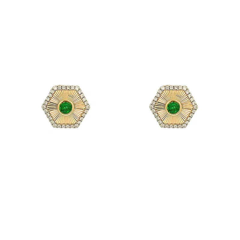Elegant 18K Yellow Gold Hexagonal Pendant and Earrings with Emerald and Diamonds