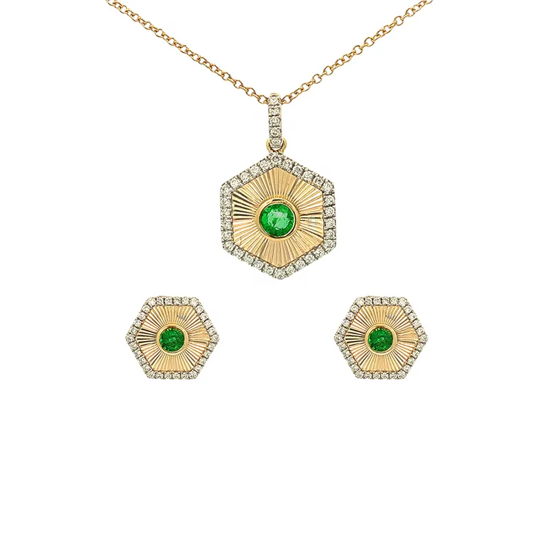 Elegant 18K Yellow Gold Hexagonal Pendant and Earrings with Emerald and Diamonds