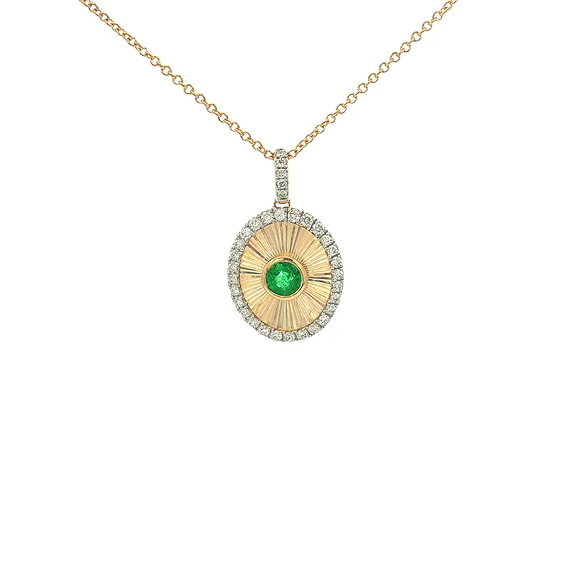 Elegant 18K Yellow Gold Emerald and Diamond Oval Pendant and Earrings Jewelry Set