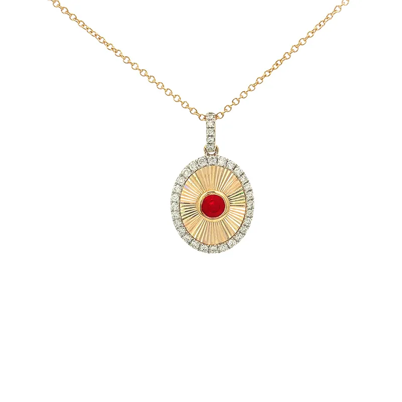 Elegant 18K Yellow Gold Oval Pendant and Earrings Set with Ruby and Diamonds