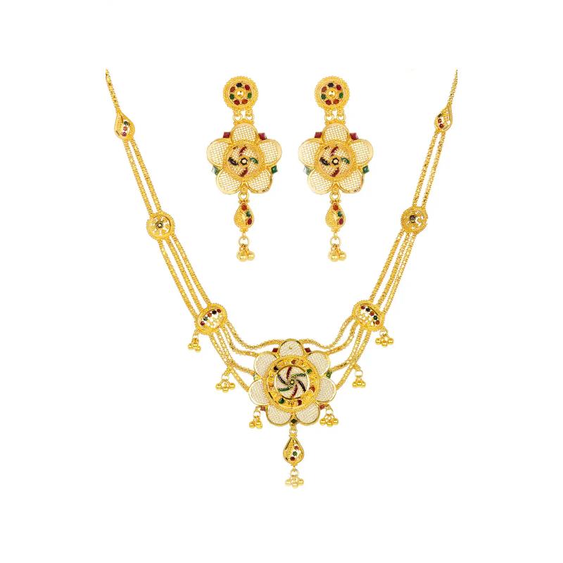 22k Yellow Gold Minakari Floral Beaded Necklace and earrings Set