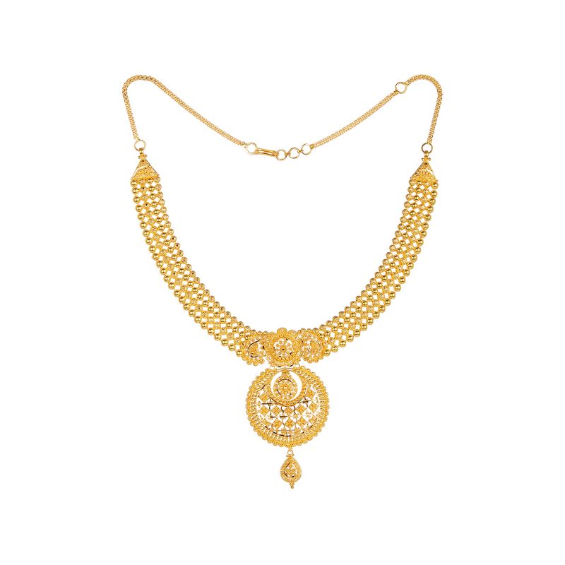 22K Gold Necklace Set with long Drop Earrings