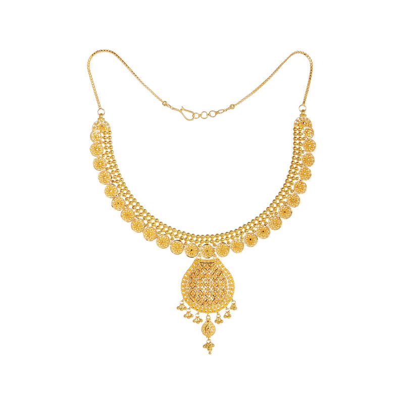 22K Gold Necklace Set in beads and flowers with Drop Earrings