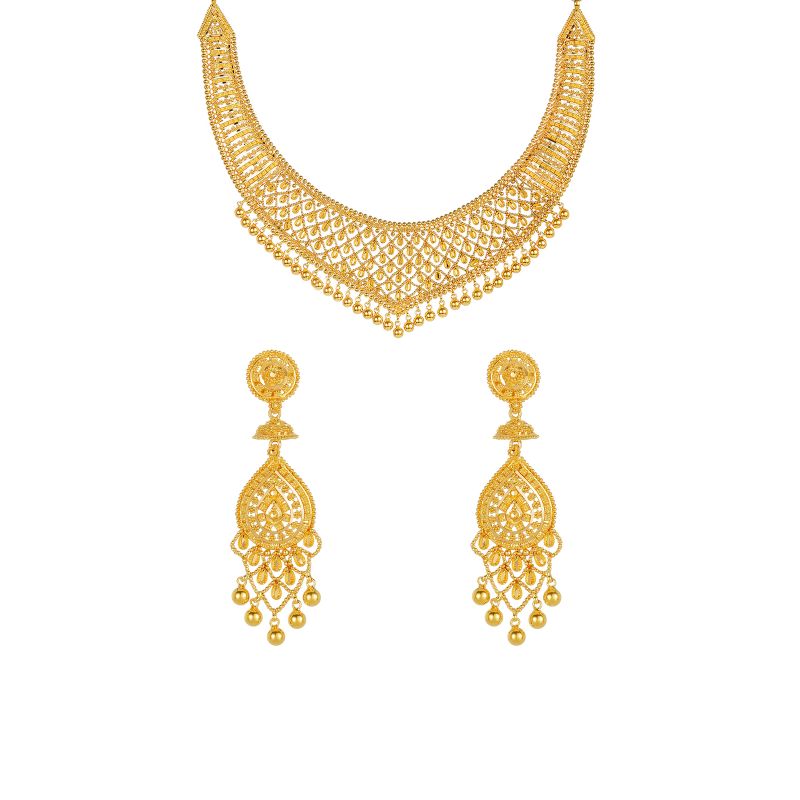 22K Gold Fancy Necklace Set with Hanging Drop Earrings - NS-6204