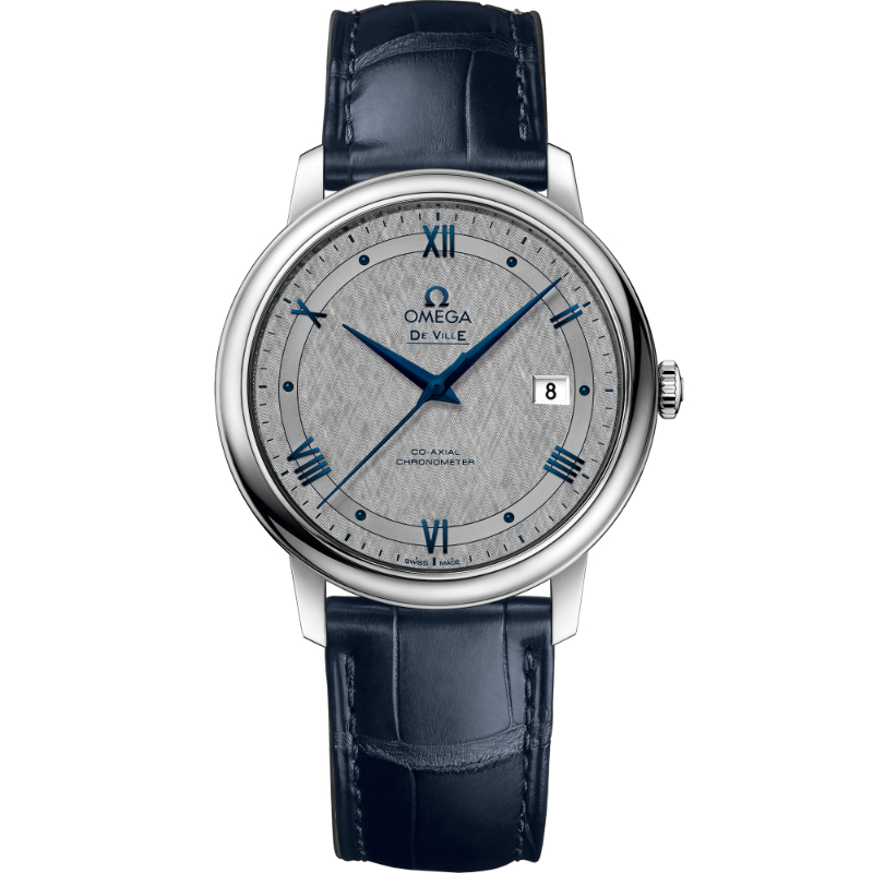 Omega De Ville Presige Co-Axial steel 39.5mm grey roman dial on blue leather strap with steel buckle