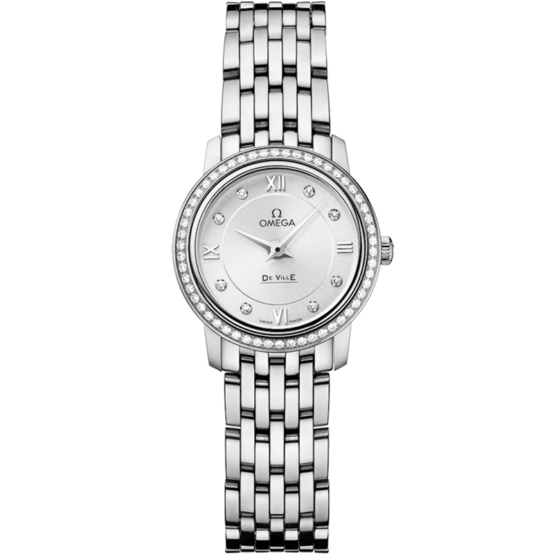 Omega De Ville Prestige steel on steel bracelet 24.4mm quartz diamond bezel silver diamond dial