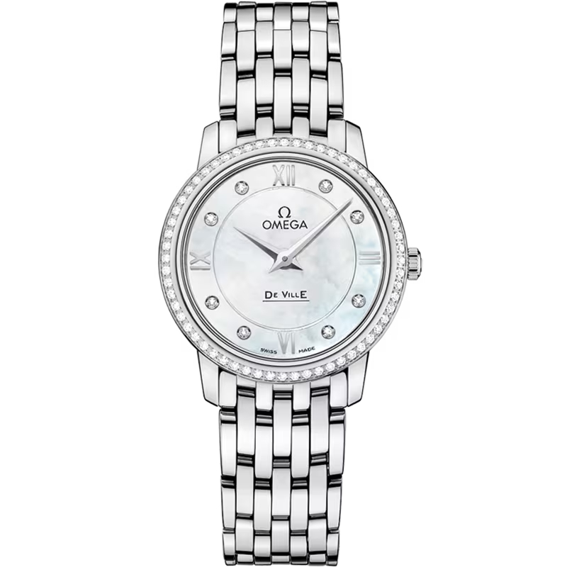 Omega De Ville Prestige quartz, 27.4mm, steel on steel bracelet, diamond bezel, white mother of pearl diamond dial