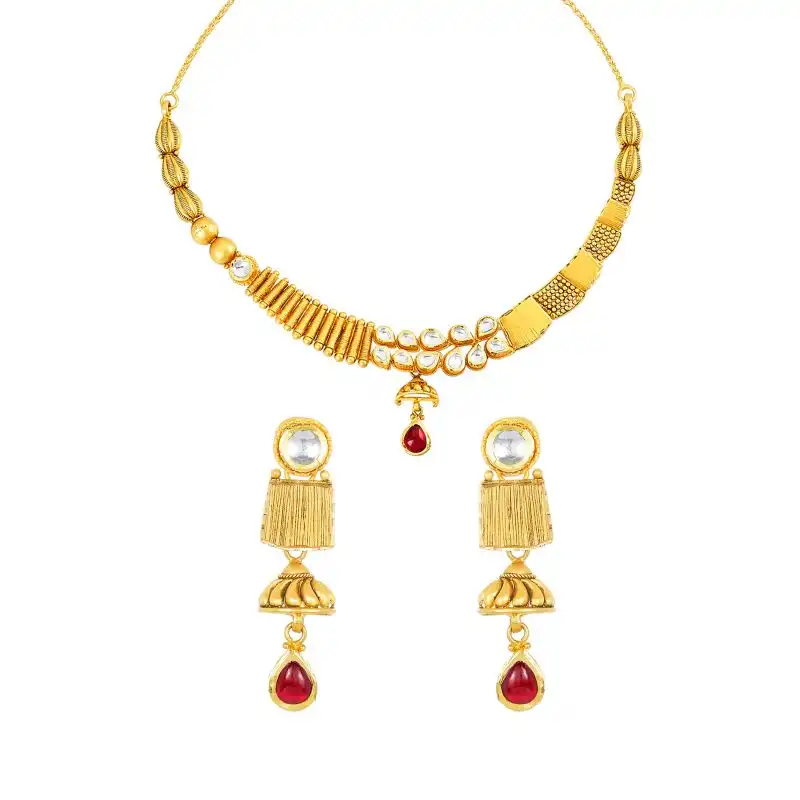 22K Antique Gold and Gemstone Necklace and Earring Set
