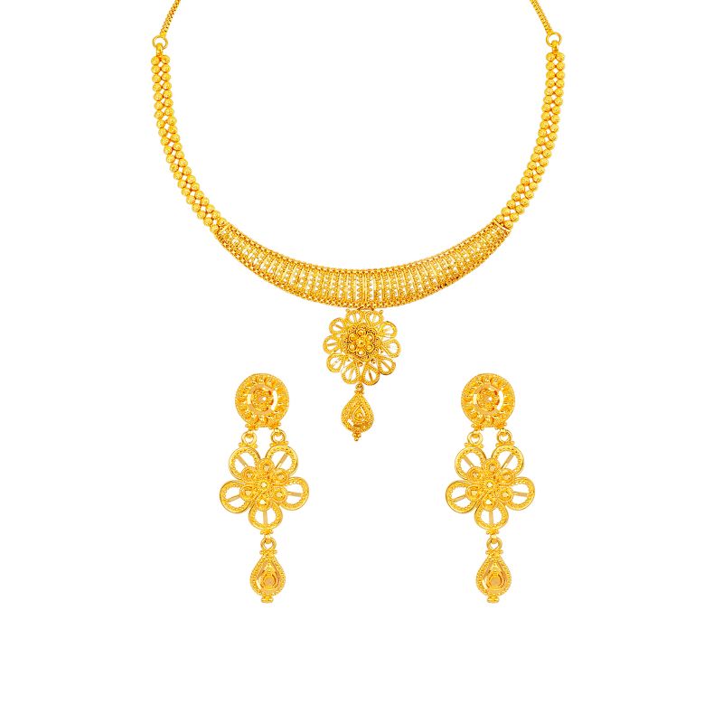 22K Gold Flower Necklace and Drop Earring Set NS PBW294425A