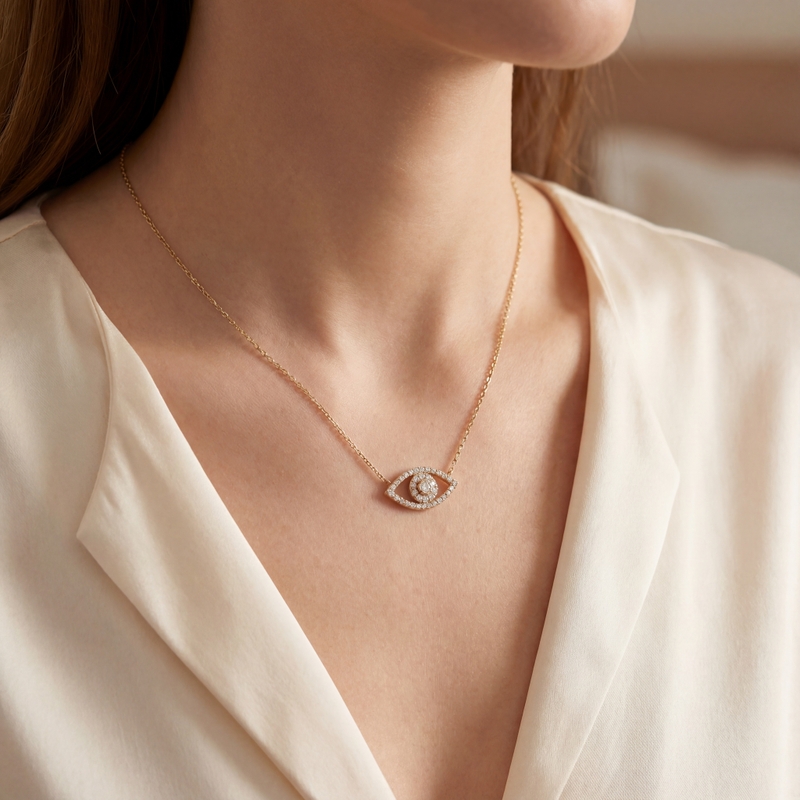 Yellow Gold 'Eye' Charm Necklace with Diamonds