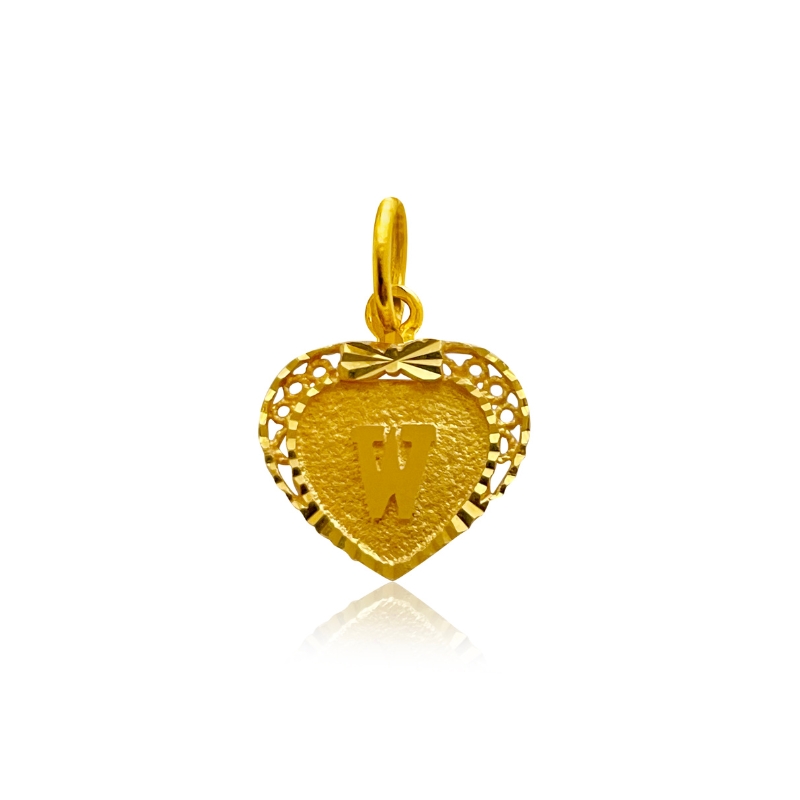 Letter W 22K Gold Initial Pendant, heart shaped