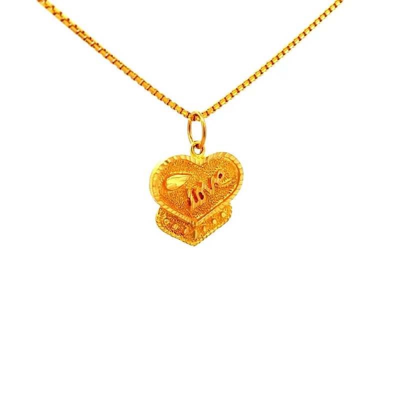 Textured Yellow Gold Layered Heart LOVE Pendant