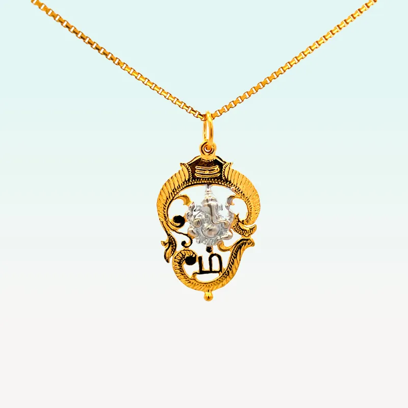 Dual-Tone Yellow Gold Ganesha and Om Devotional Pendant