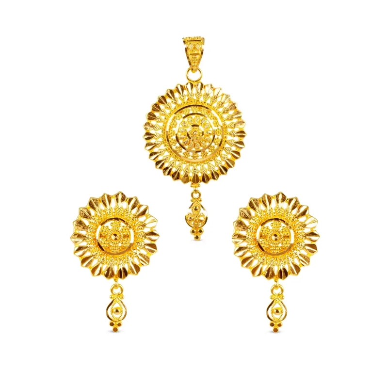 Sunflower 22K Yellow Gold Pendant Earrings Set
