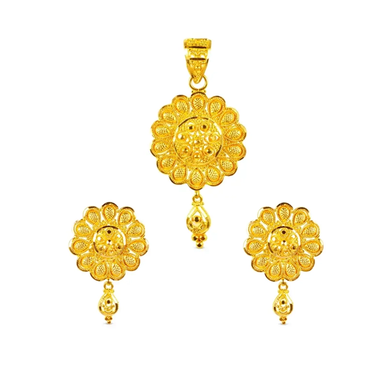 Floral 22K Yellow Gold Pendant Earrings Set