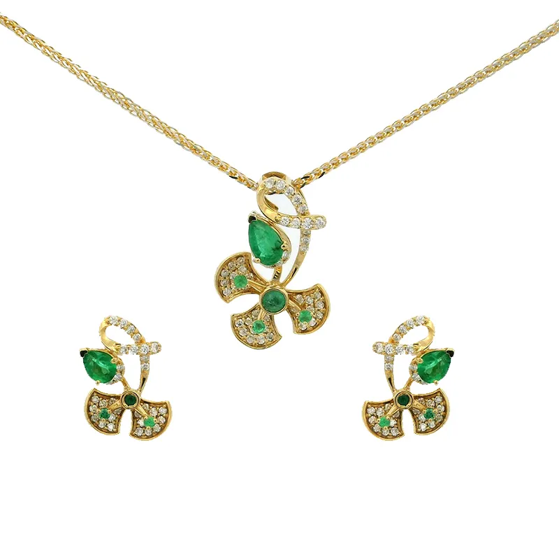Emerald and Gold Diamond Pendant Set