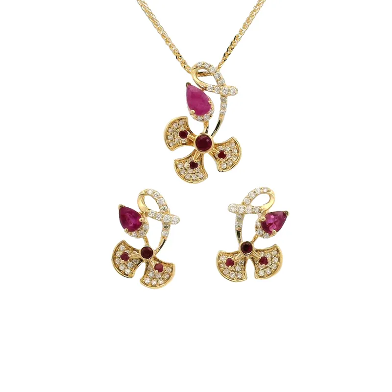 Floral Ruby Diamond Pendant Set